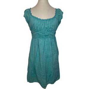 MAX STUDIO Teal Smocked Waist Off Shoulder Cap Sleeve Cotton Mini Dress Size S